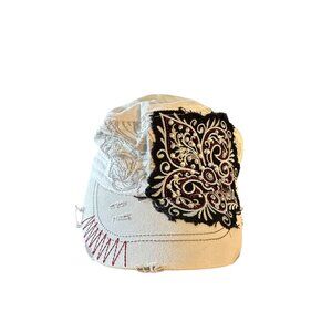 Leader Logo Distressed White Cotton Embroidered Adjustable Cap With Red & Black